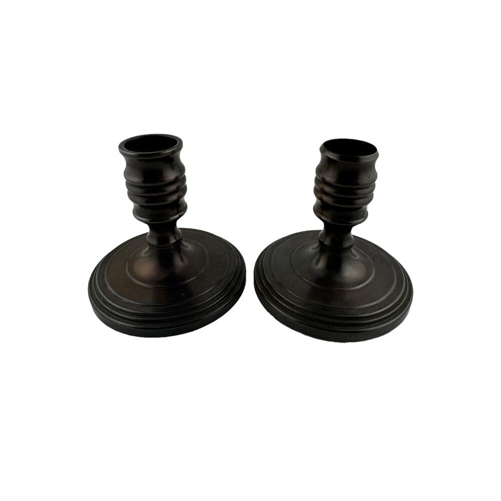 Vintage Baldwin Stepped Round Candlestick Holders Chestnut Finish Set of 2